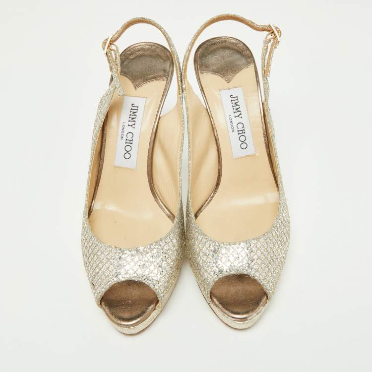 Pre Owned Jimmy Choo Gold Glitter And Lurex Fabric Nova Peep Toe Slingback Sandals Size 37.5