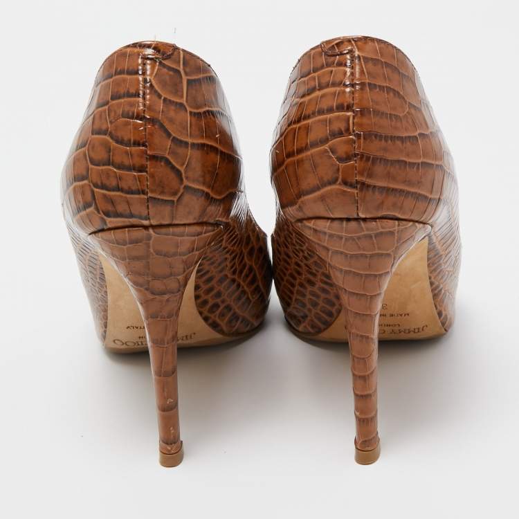 Pre Owned Jimmy Choo Brown Crocodile Leather Round Top Pumps Size 37