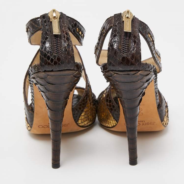 Pre Owned Jimmy Choo Brown Python Leather Crisscross Sandals Size 37.5