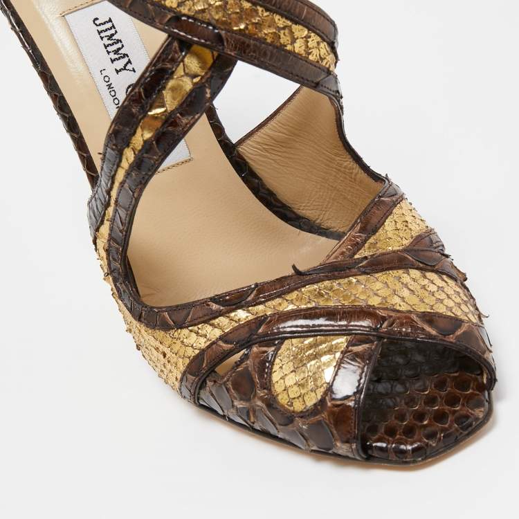Pre Owned Jimmy Choo Brown Python Leather Crisscross Sandals Size 37.5