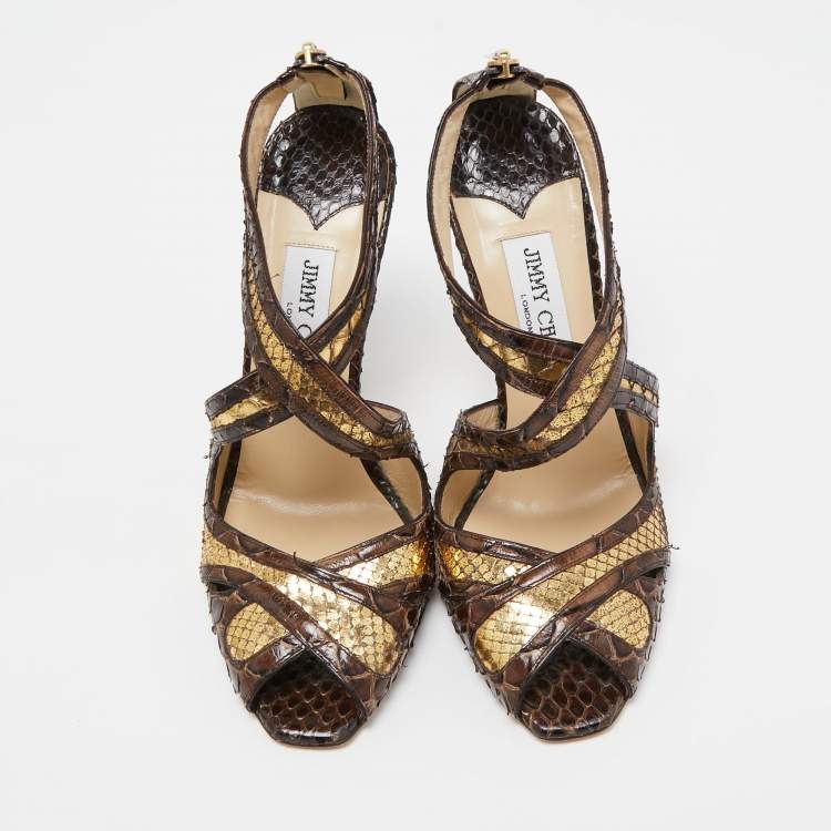 Pre Owned Jimmy Choo Brown Python Leather Crisscross Sandals Size 37.5