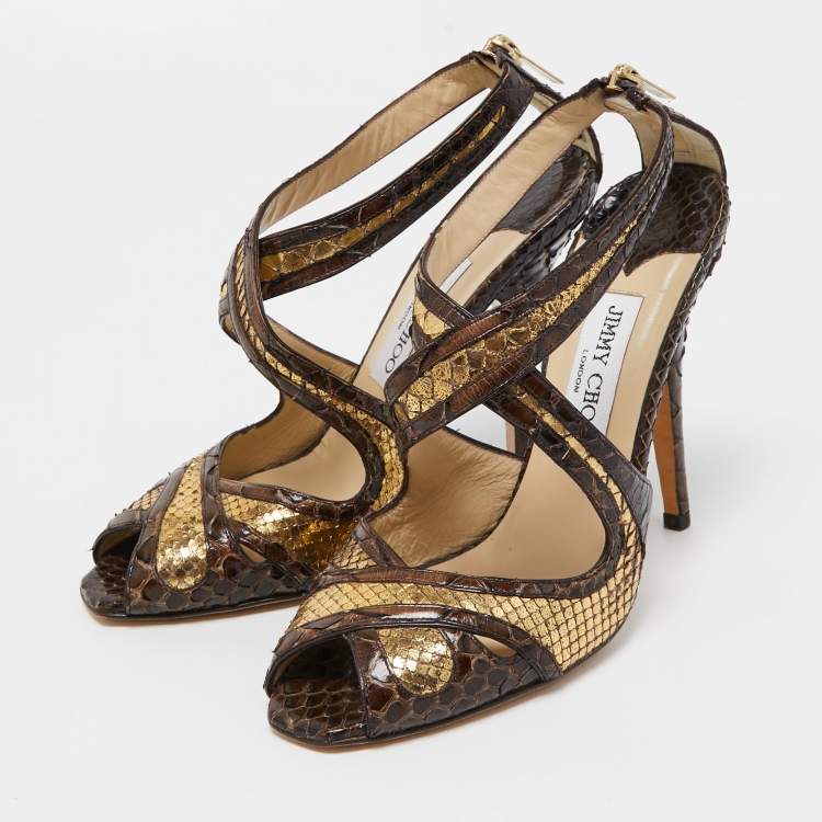 Pre Owned Jimmy Choo Brown Python Leather Crisscross Sandals Size 37.5