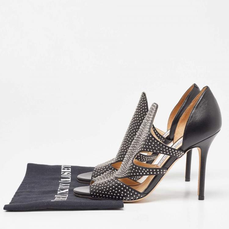 Pre Owned Jimmy Choo Black Leather Studded Tarine Peep Toe Sandals Size 38