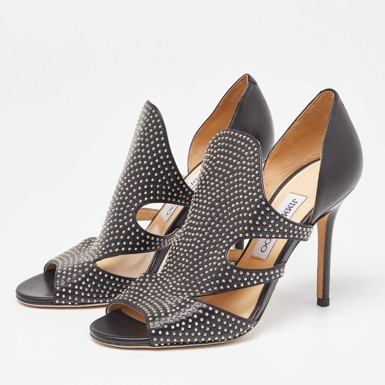 Pre Owned Jimmy Choo Black Leather Studded Tarine Peep Toe Sandals Size 38