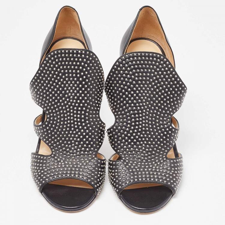 Pre Owned Jimmy Choo Black Leather Studded Tarine Peep Toe Sandals Size 38