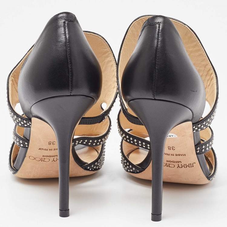 Pre Owned Jimmy Choo Black Leather Studded Tarine Peep Toe Sandals Size 38