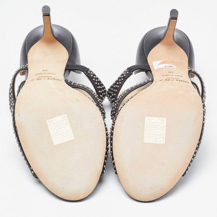 Pre Owned Jimmy Choo Black Leather Studded Tarine Peep Toe Sandals Size 38