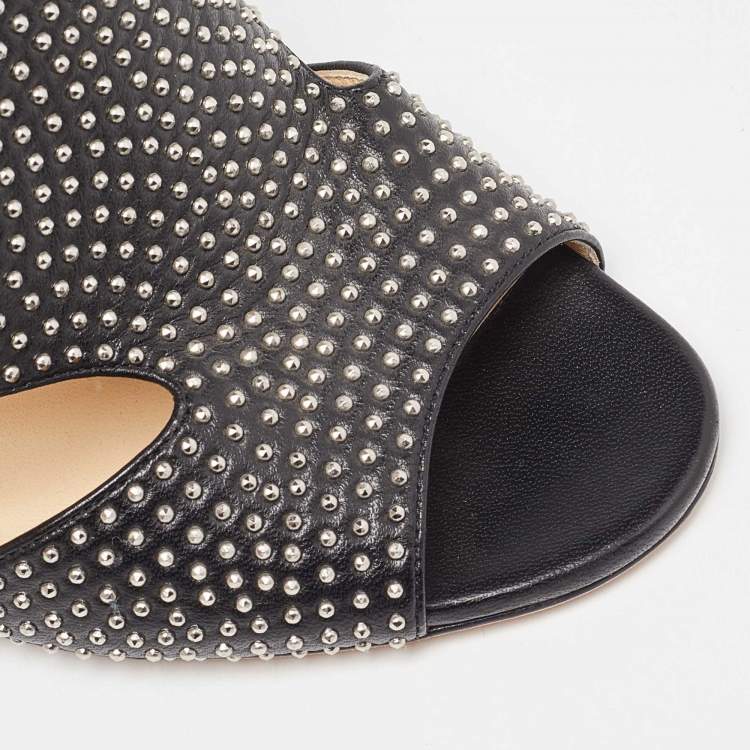 Pre Owned Jimmy Choo Black Leather Studded Tarine Peep Toe Sandals Size 38