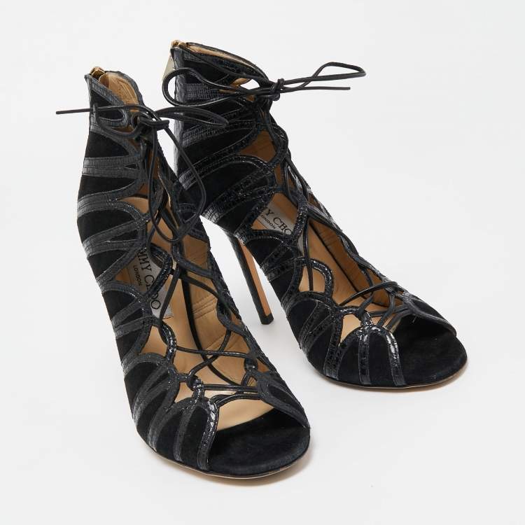 Pre Owned Jimmy Choo Black Python and Suede Lace Up Pumps 37