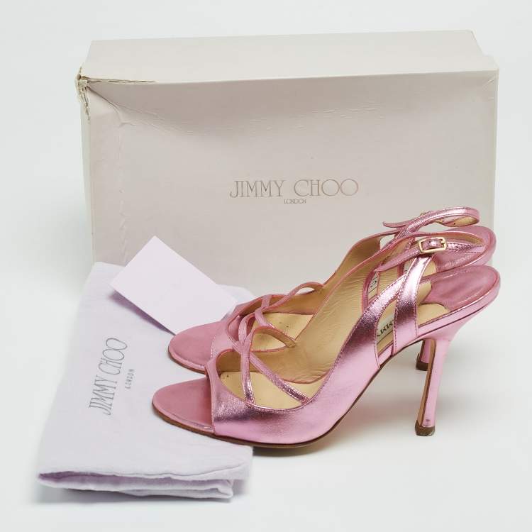 Pre Owned Jimmy Choo Metallic Pink Leather Slingback Sandals Size 37.5