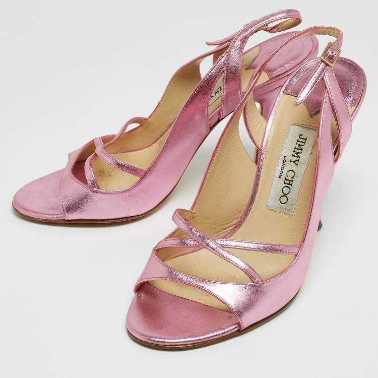 Pre Owned Jimmy Choo Metallic Pink Leather Slingback Sandals Size 37.5