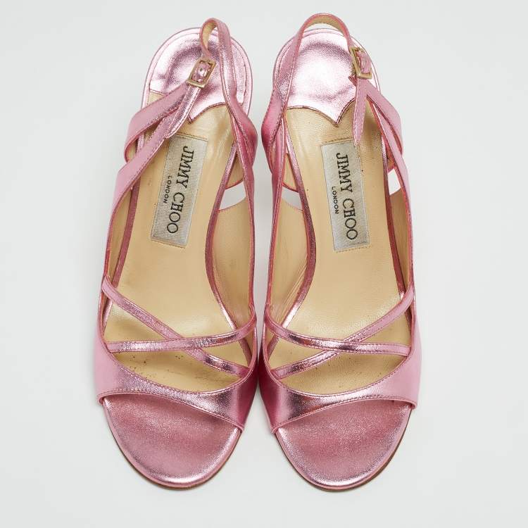 Pre Owned Jimmy Choo Metallic Pink Leather Slingback Sandals Size 37.5