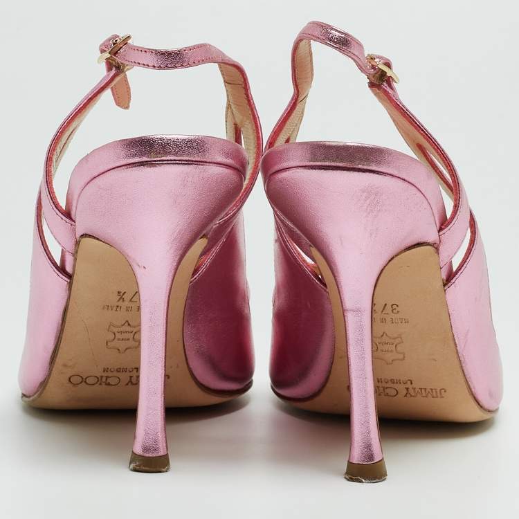 Pre Owned Jimmy Choo Metallic Pink Leather Slingback Sandals Size 37.5