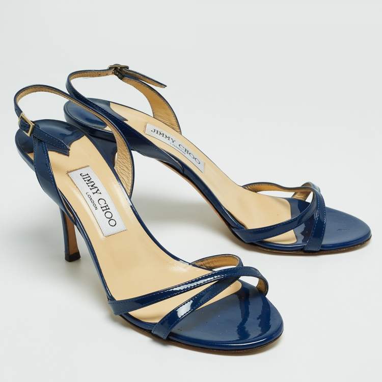 Pre Owned Jimmy Choo Blue Patent Leather India Slingback Sandals Size 39.5