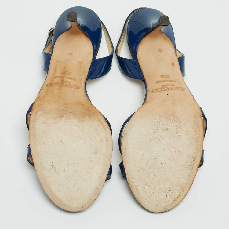 Pre Owned Jimmy Choo Blue Patent Leather India Slingback Sandals Size 39.5