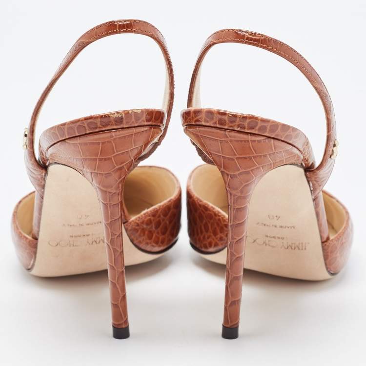Pre Owned Jimmy Choo Brown Croc Embossed Leather Thandi Slingback Pumps 