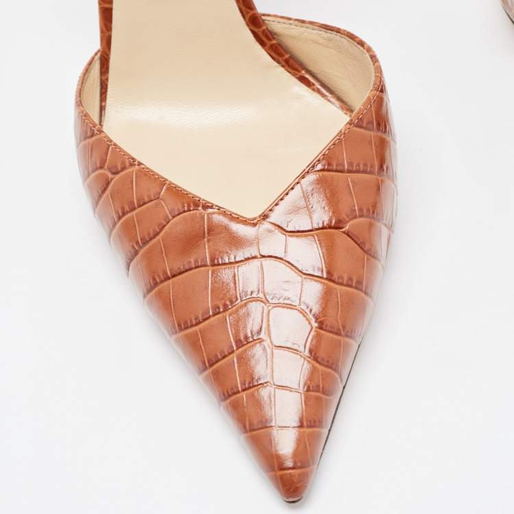 Pre Owned Jimmy Choo Brown Croc Embossed Leather Thandi Slingback Pumps 