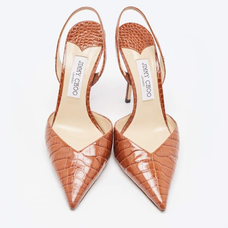 Pre Owned Jimmy Choo Brown Croc Embossed Leather Thandi Slingback Pumps 