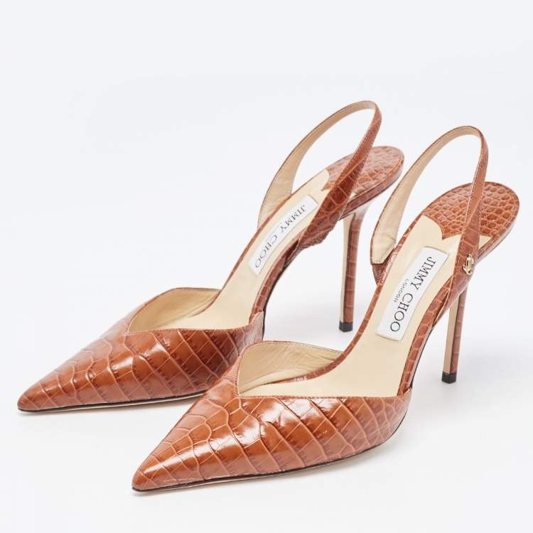Pre Owned Jimmy Choo Brown Croc Embossed Leather Thandi Slingback Pumps 