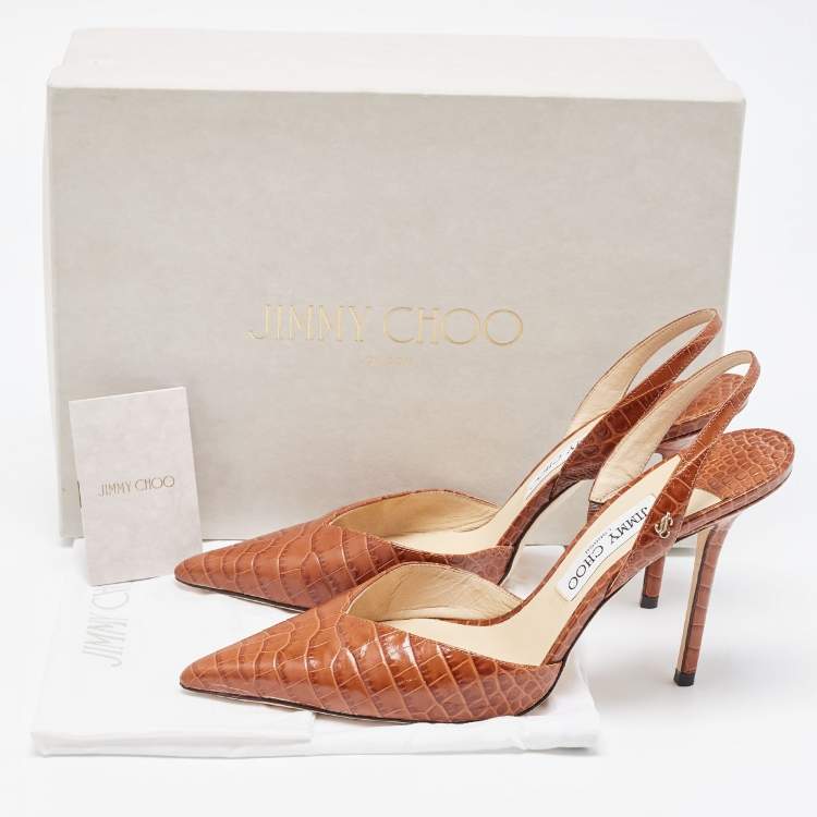 Pre Owned Jimmy Choo Brown Croc Embossed Leather Thandi Slingback Pumps 