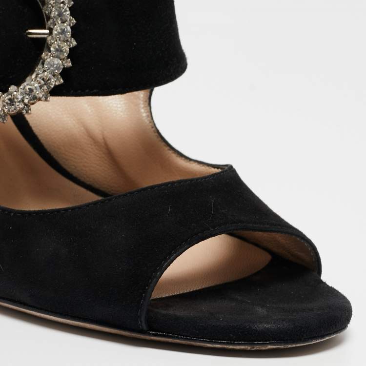 Pre Owned Jimmy Choo Black Suede Saf Crystal Embellished Buckle Slide Sandals Size 39.5