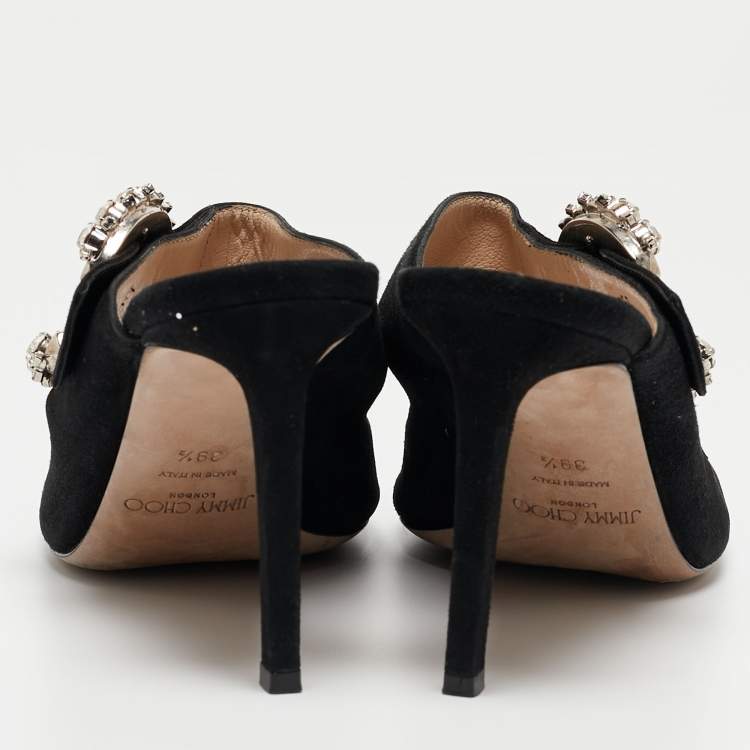 Pre Owned Jimmy Choo Black Suede Saf Crystal Embellished Buckle Slide Sandals Size 39.5