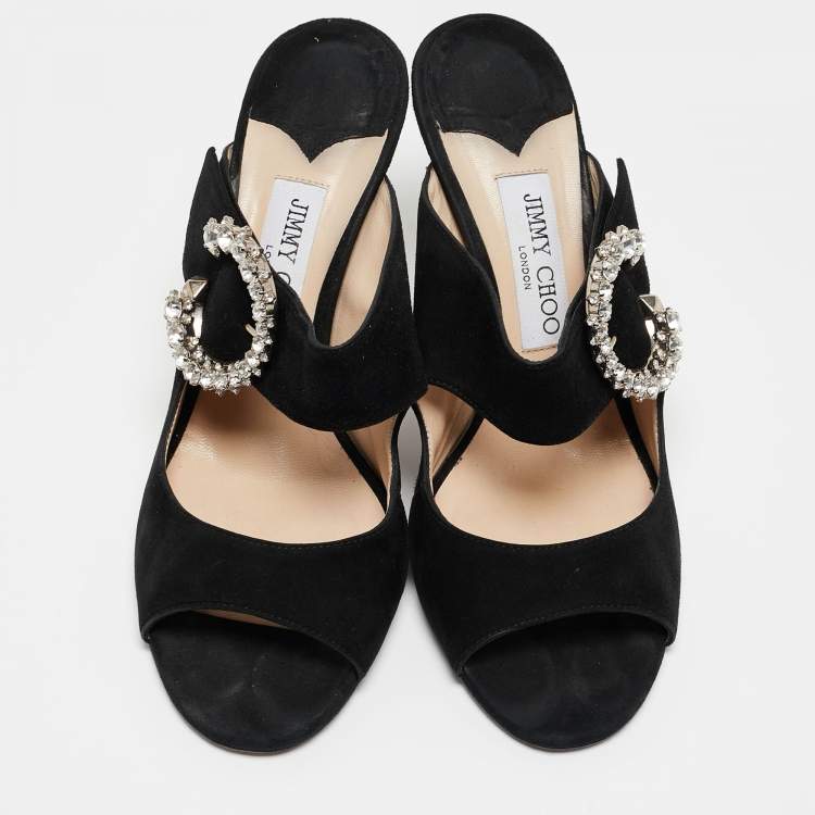 Pre Owned Jimmy Choo Black Suede Saf Crystal Embellished Buckle Slide Sandals Size 39.5