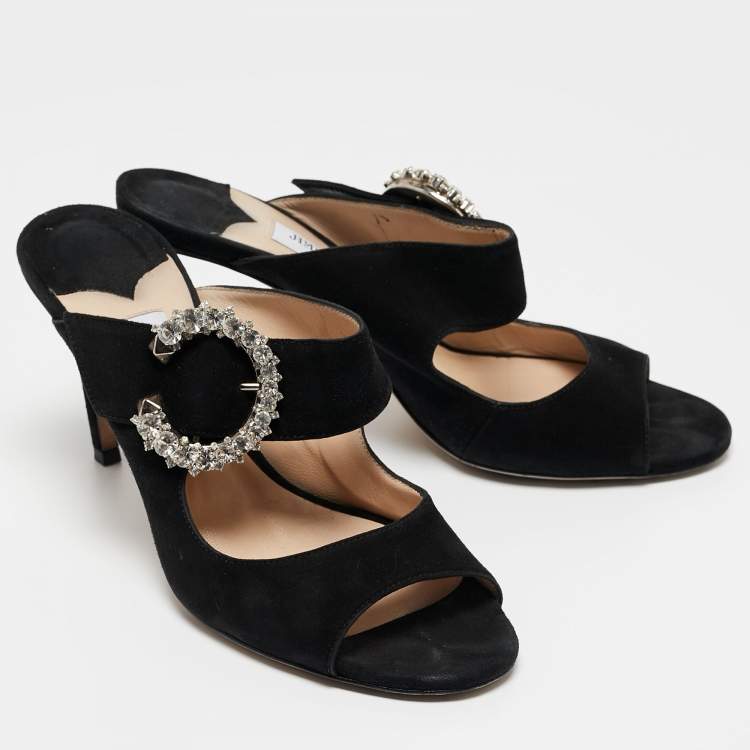 Pre Owned Jimmy Choo Black Suede Saf Crystal Embellished Buckle Slide Sandals Size 39.5