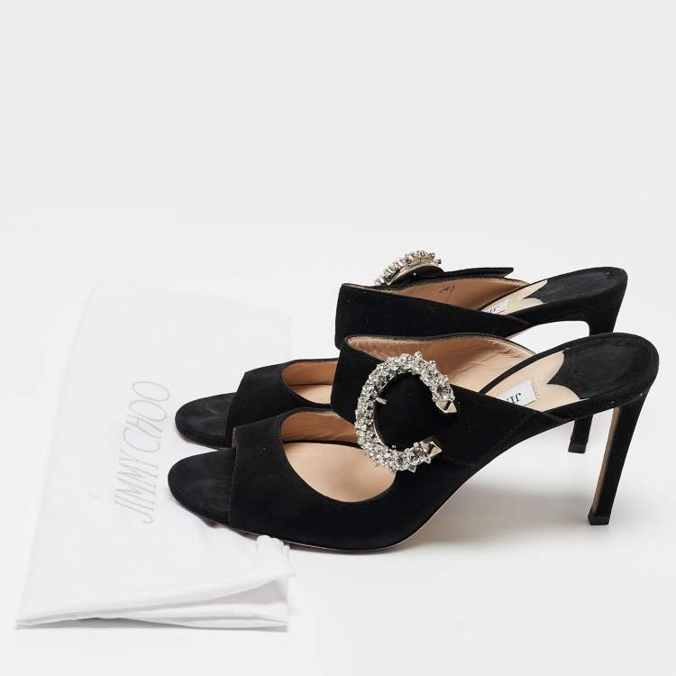 Pre Owned Jimmy Choo Black Suede Saf Crystal Embellished Buckle Slide Sandals Size 39.5