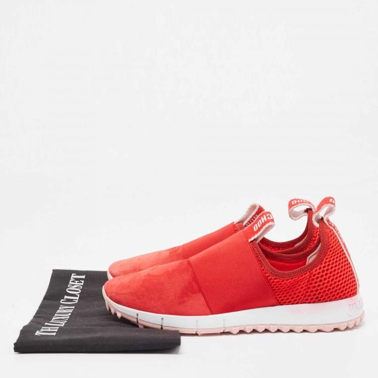 Pre Owned Jimmy Choo Red Suede and Mesh Oakland Low Top Sneakers Size 37