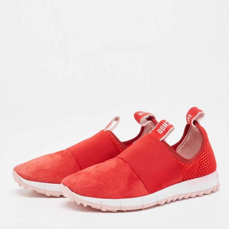 Pre Owned Jimmy Choo Red Suede and Mesh Oakland Low Top Sneakers Size 37