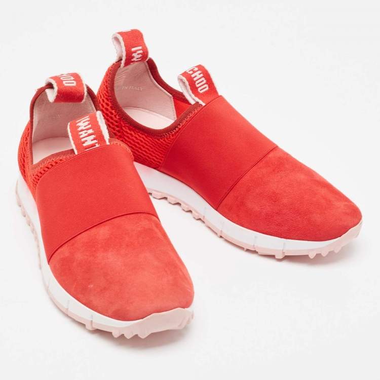 Pre Owned Jimmy Choo Red Suede and Mesh Oakland Low Top Sneakers Size 37