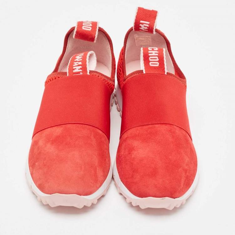 Pre Owned Jimmy Choo Red Suede and Mesh Oakland Low Top Sneakers Size 37
