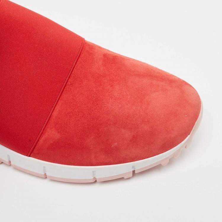 Pre Owned Jimmy Choo Red Suede and Mesh Oakland Low Top Sneakers Size 37