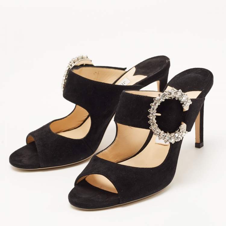 Pre Owned Jimmy Choo Black Suede Crystal Embellished Mules Size 37