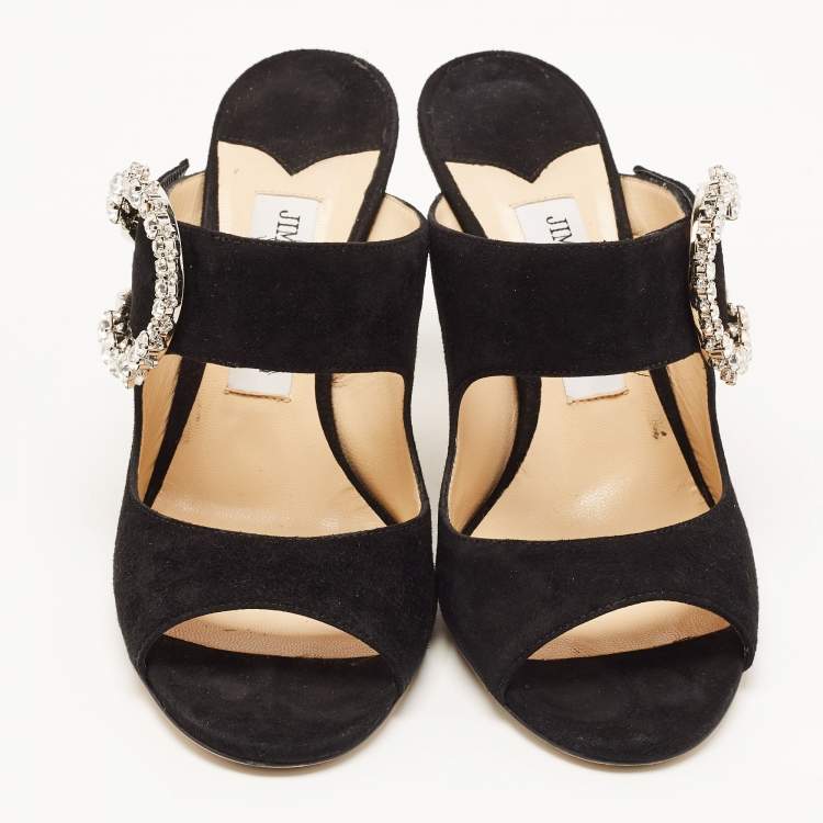 Pre Owned Jimmy Choo Black Suede Crystal Embellished Mules Size 37