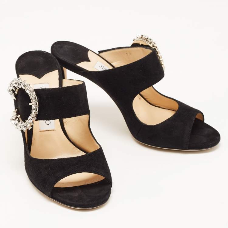 Pre Owned Jimmy Choo Black Suede Crystal Embellished Mules Size 37