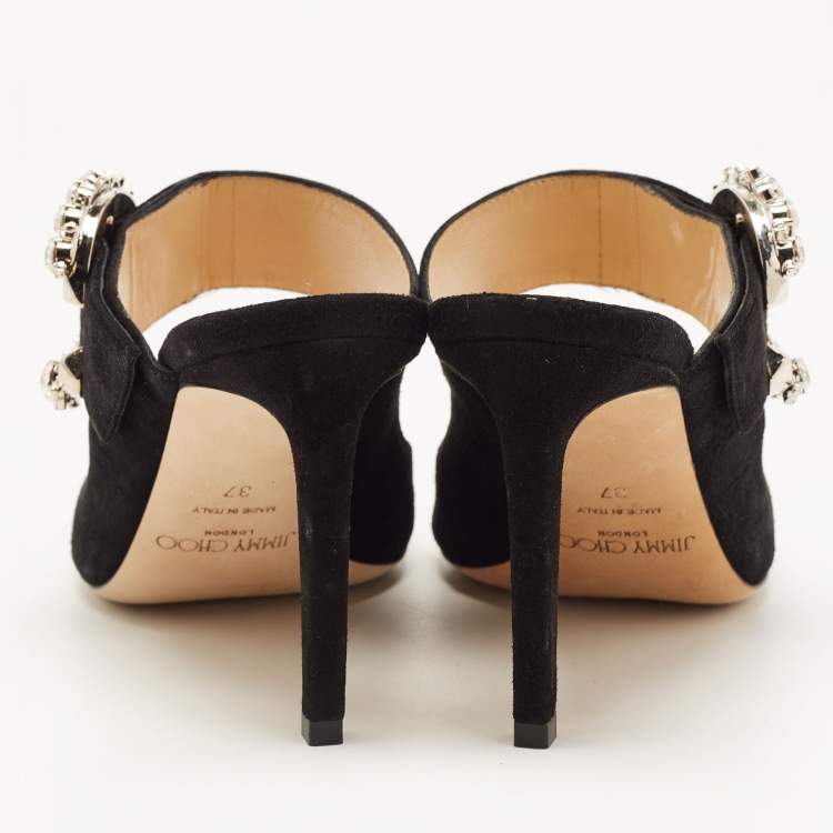 Pre Owned Jimmy Choo Black Suede Crystal Embellished Mules Size 37
