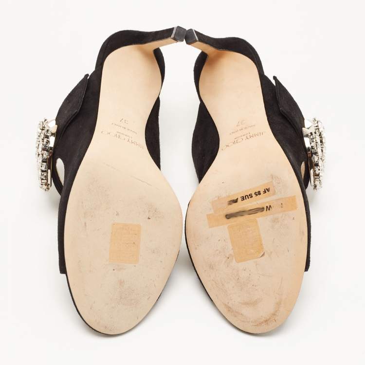 Pre Owned Jimmy Choo Black Suede Crystal Embellished Mules Size 37