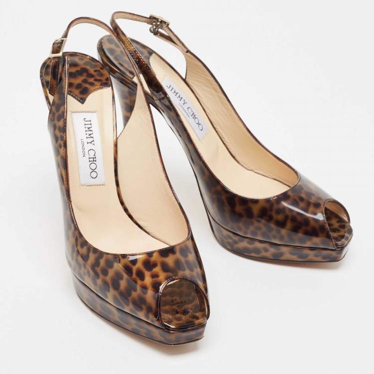 Pre Owned Jimmy Choo Brown Patent Tortoise Peep Toe Slingback Pumps Size 39.5