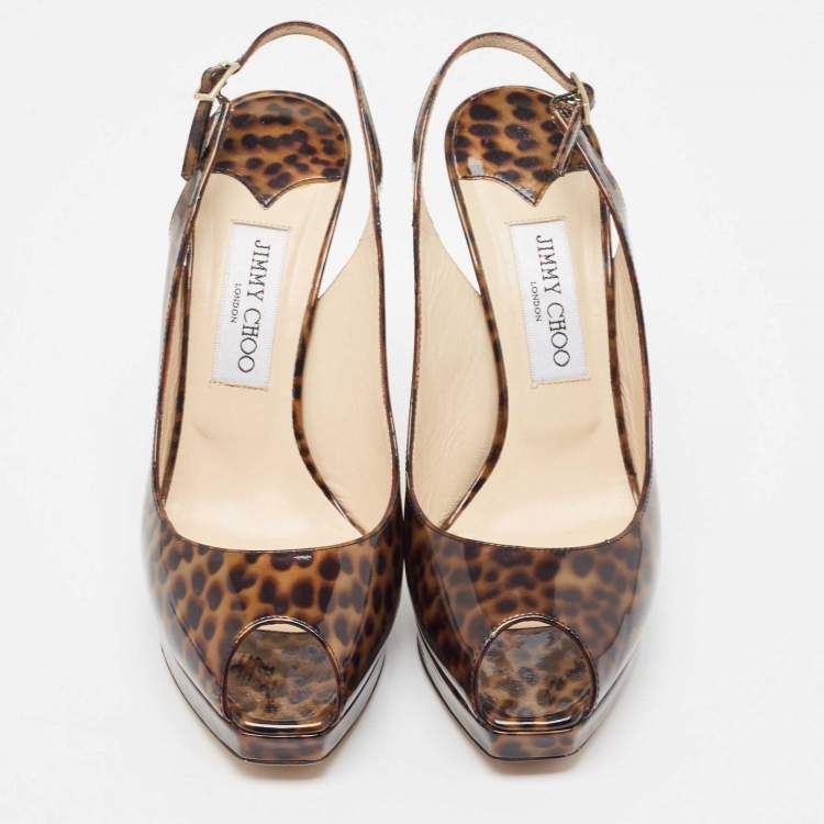 Pre Owned Jimmy Choo Brown Patent Tortoise Peep Toe Slingback Pumps Size 39.5