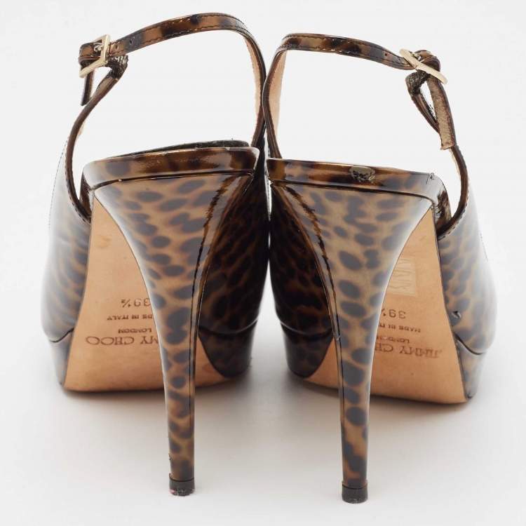 Pre Owned Jimmy Choo Brown Patent Tortoise Peep Toe Slingback Pumps Size 39.5