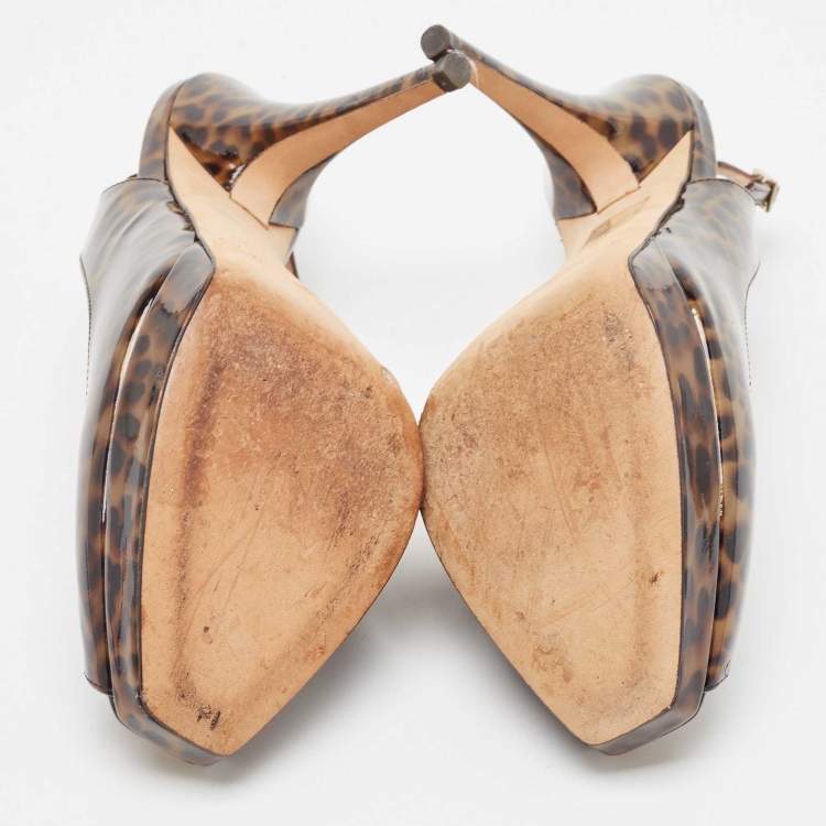 Pre Owned Jimmy Choo Brown Patent Tortoise Peep Toe Slingback Pumps Size 39.5