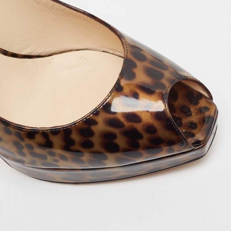 Pre Owned Jimmy Choo Brown Patent Tortoise Peep Toe Slingback Pumps Size 39.5