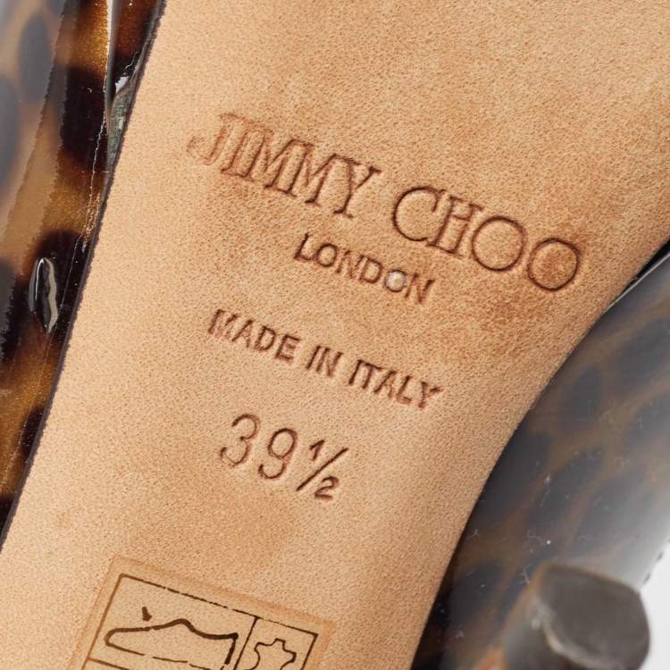 Pre Owned Jimmy Choo Brown Patent Tortoise Peep Toe Slingback Pumps Size 39.5