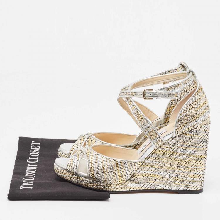 Pre Owned Jimmy Choo Multicolor Leather and Woven Wedge Ankle Strap Sandals Size 40