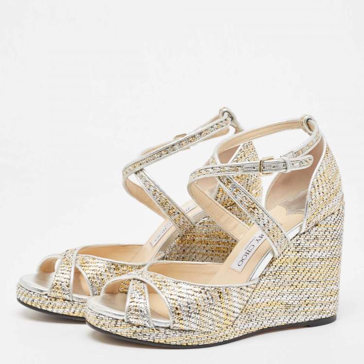 Pre Owned Jimmy Choo Multicolor Leather and Woven Wedge Ankle Strap Sandals Size 40