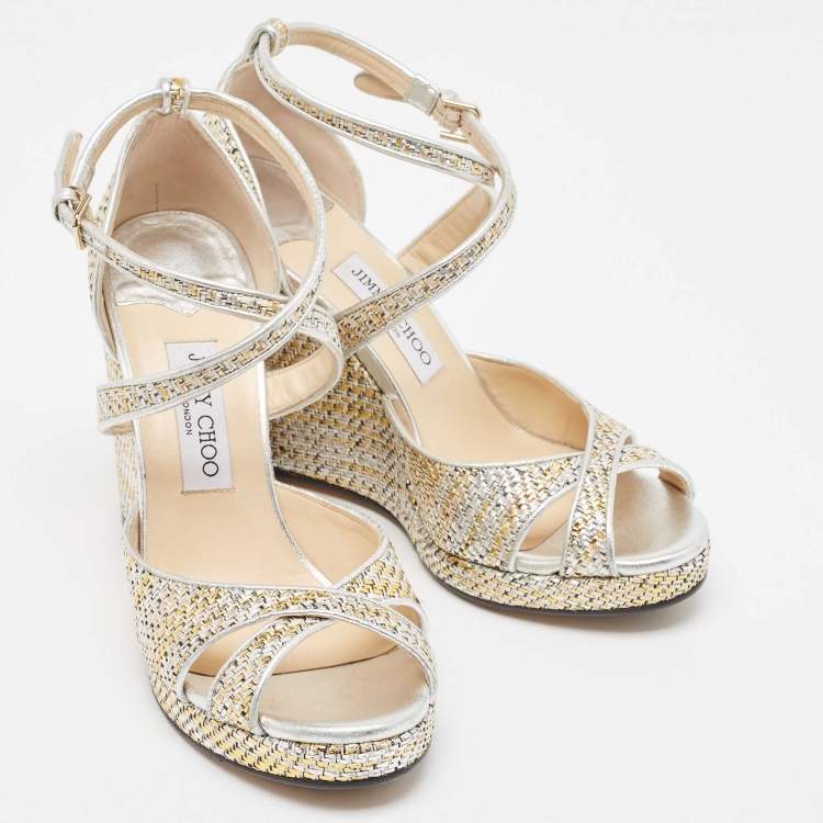 Pre Owned Jimmy Choo Multicolor Leather and Woven Wedge Ankle Strap Sandals Size 40