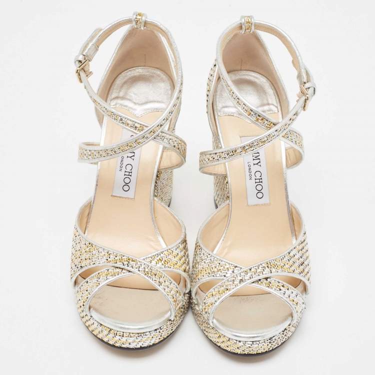 Pre Owned Jimmy Choo Multicolor Leather and Woven Wedge Ankle Strap Sandals Size 40