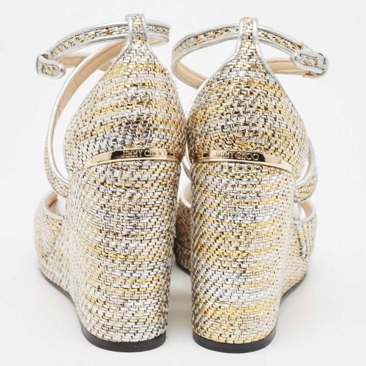 Pre Owned Jimmy Choo Multicolor Leather and Woven Wedge Ankle Strap Sandals Size 40